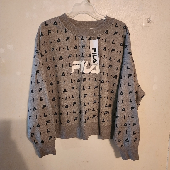 Fila All Over Logo Crop Crewneck Sweater Size 3X NWT, Gray/Black - Picture 1 of 12